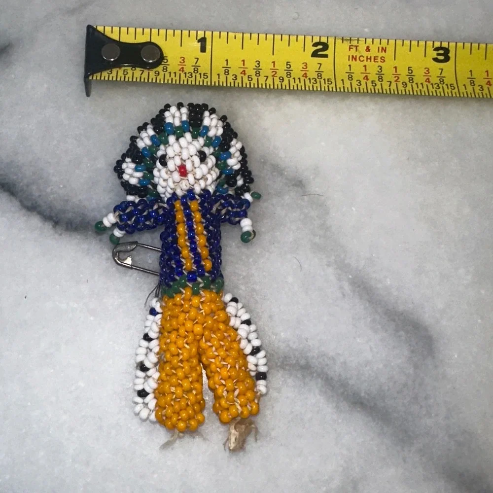 Vintage Handcrafted Indian Beaded Doll Pin Blue Yellow Seed Bead Folk Art Brooch